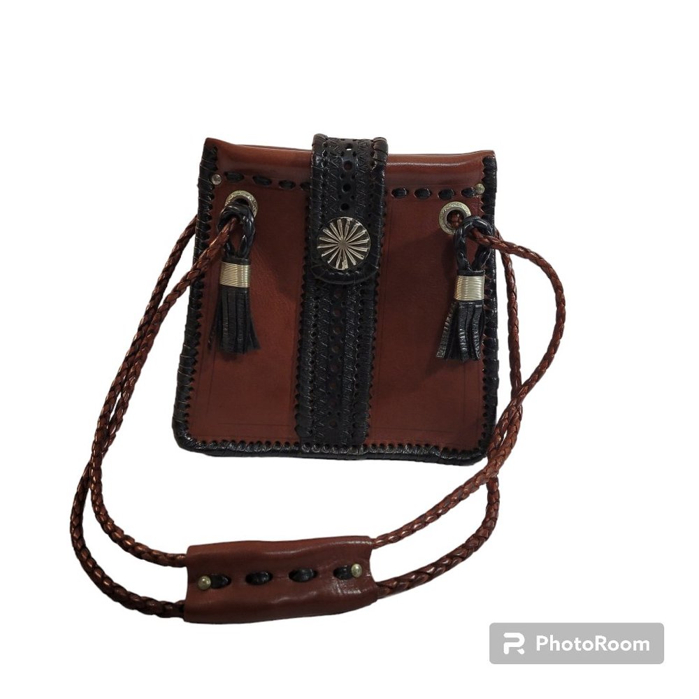 Genuine Handcrafted Leather Handbag Brown Black Tassels Braided Straps Western